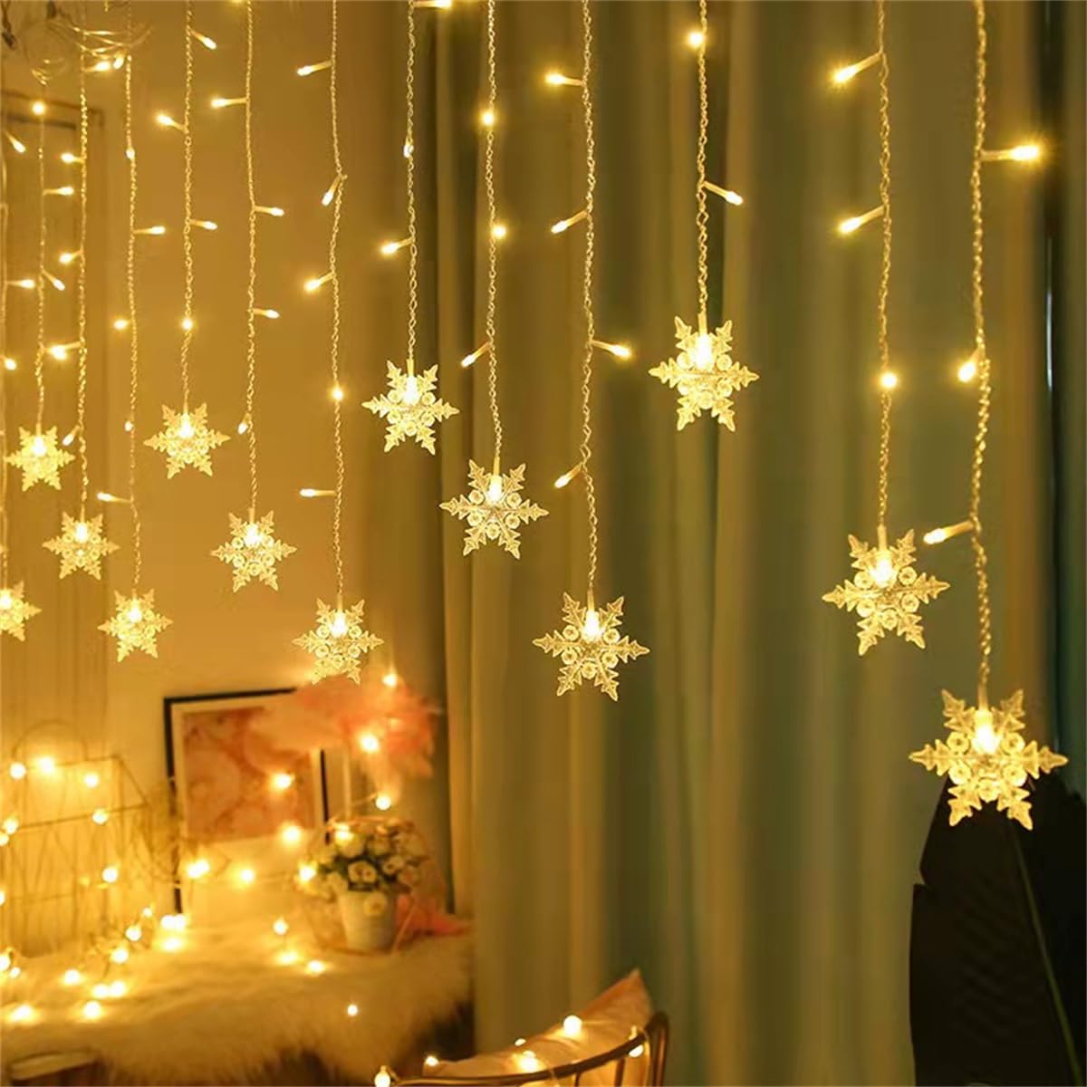 Perdea luminite și fulgi de zăpadă pentru decor, 3,5m, alb cald, interconectabile