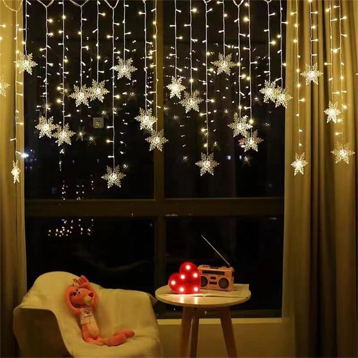 Perdea luminite și fulgi de zăpadă pentru decor, 3,5m, alb cald, interconectabile - imagine 3