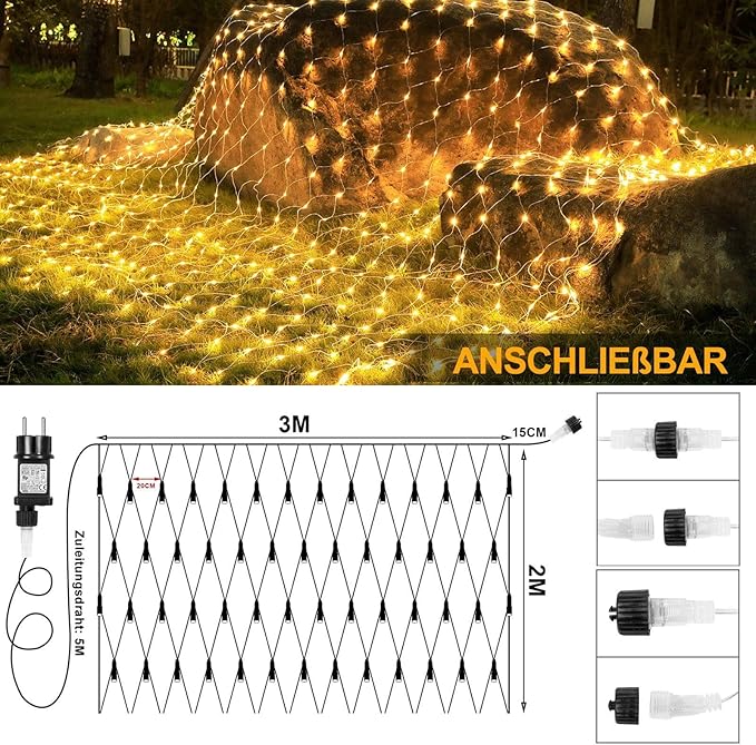 Luminițe decorative tip plasă, Alb Cald, 200 LED, 3 x 1.8m, interconectabile - imagine 3