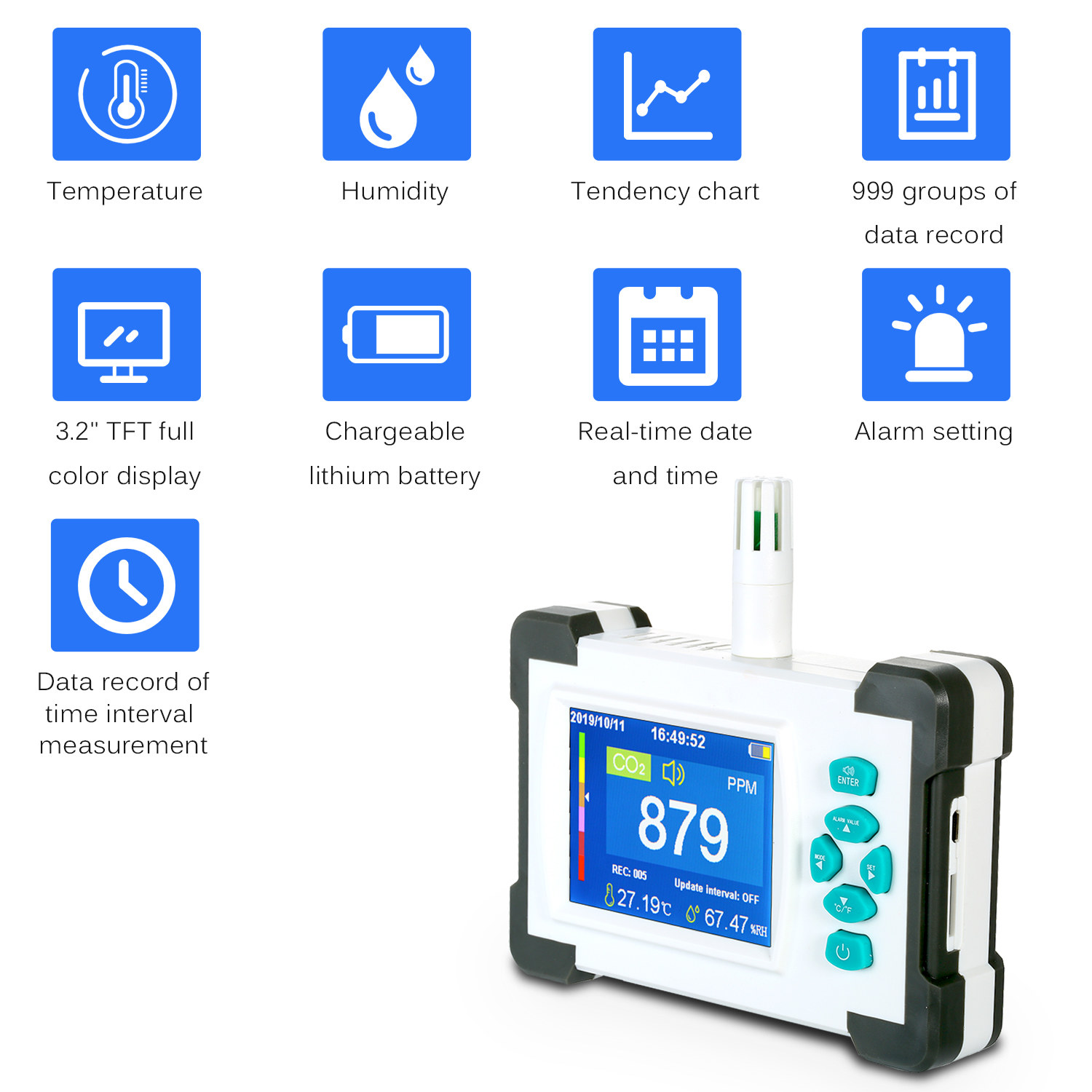 Detector de calitatea aerului cu monitorizare CO2, portabil - imagine 4